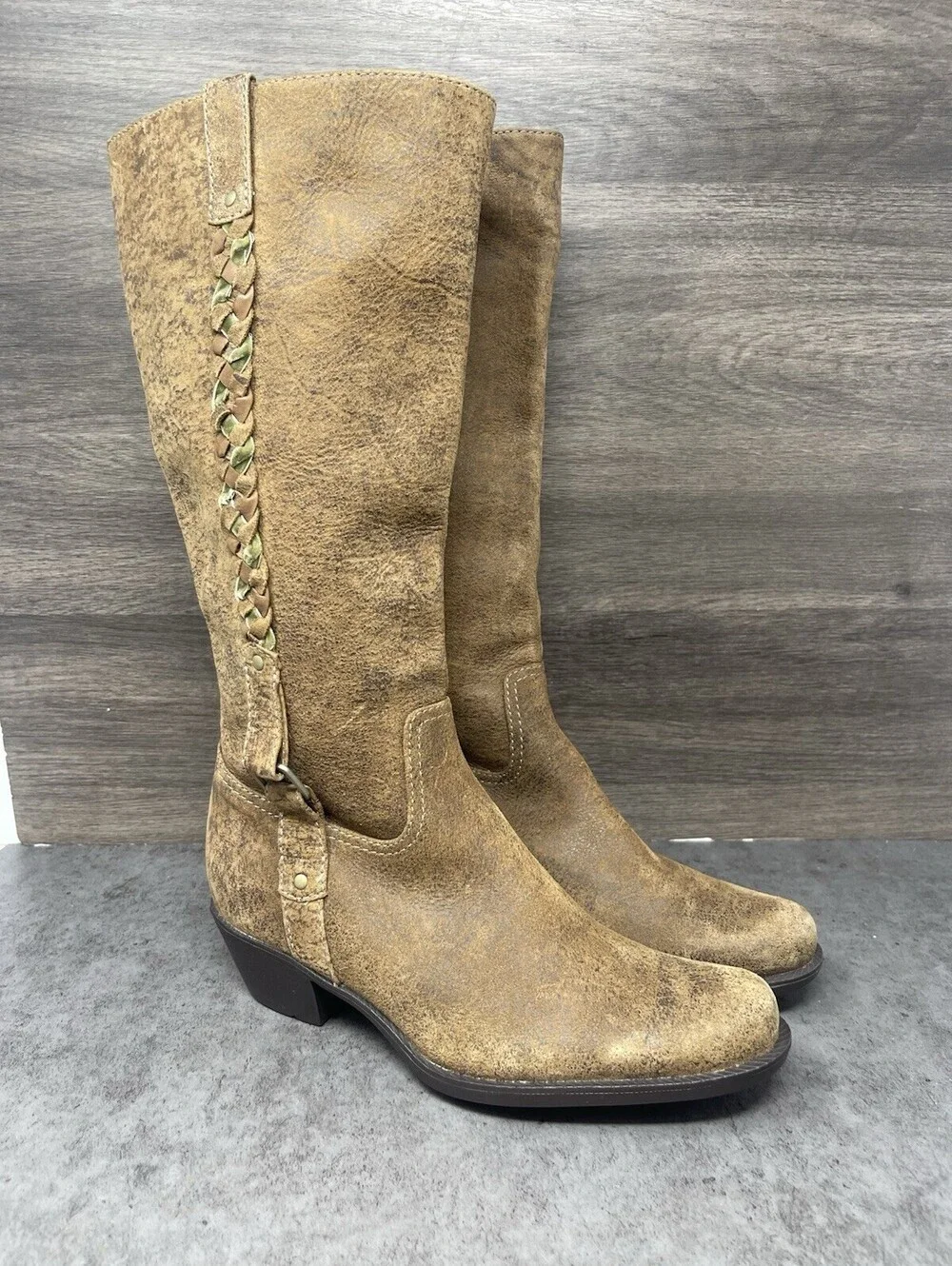 Clarks Artisan Brown Leather Tall Boots Womens Size 5 Slip On Riding